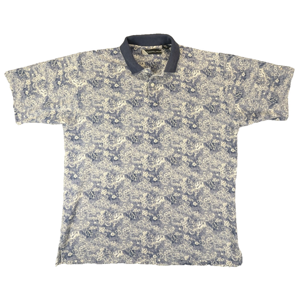 Nicklaus Polo Shirt XL Men's VTG Blue All Over Floral Short Sleeve 100% Cotton